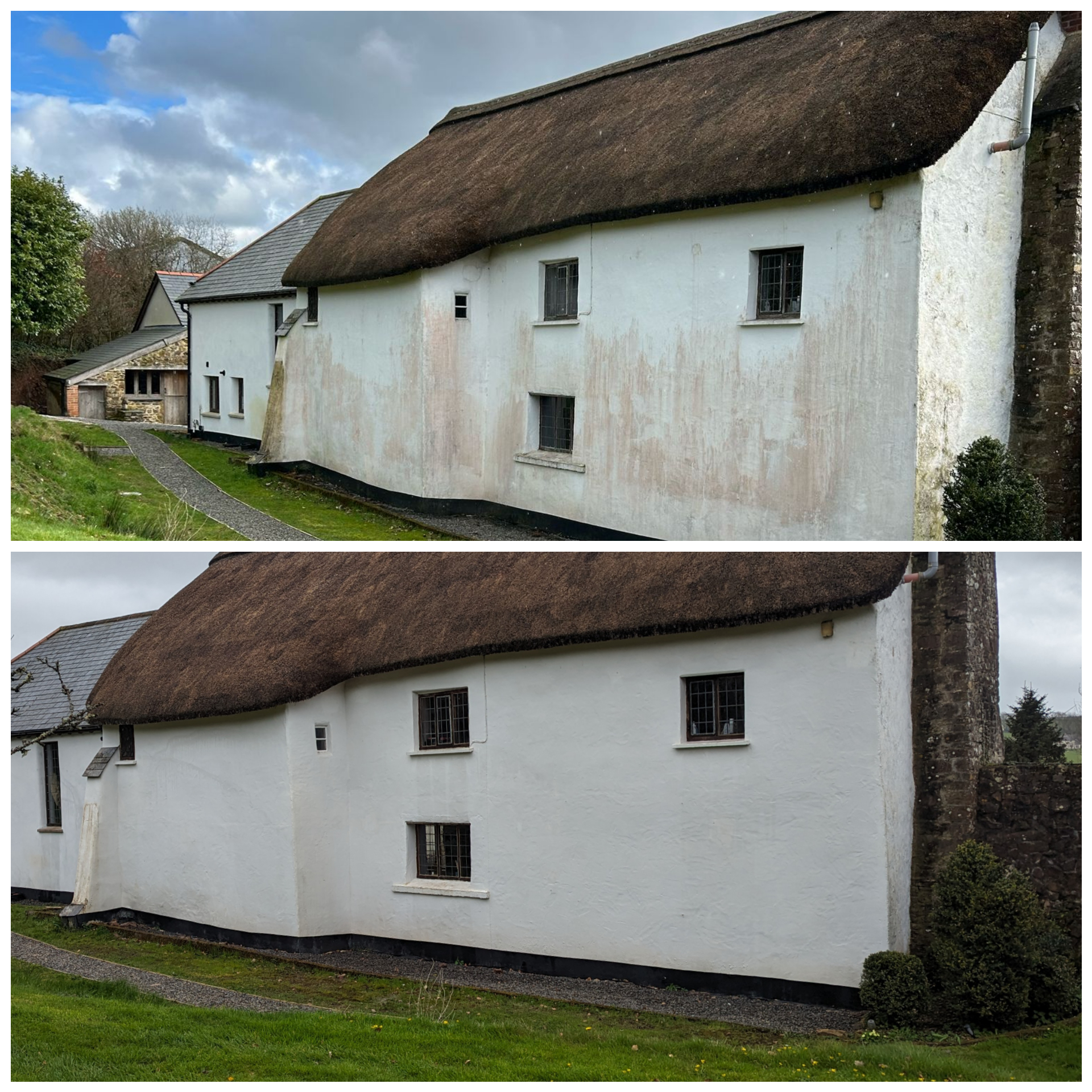 Before & After collage of lime render that E&R Exterior Cleaning have chemically treated to remove algae staining without damaging the render with pressure.